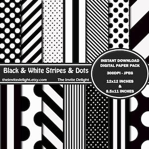 Black and White Stripes and Dots Digital Paper Pack, Black Polka Dots, Printable Birthday Party Decor, Scrapbooking Paper, Instant Download