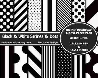 Black and White Stripes and Dots Digital Paper Pack, Black Polka Dots, Printable Birthday Party Decor, Scrapbooking Paper, Instant Download