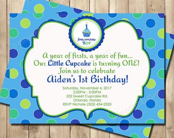 Little Cupcake First Birthday Invitation - Cupcake Boys 1st Birthday Party - Blue Green Polka Dot - Personalized Printed Printable Invite