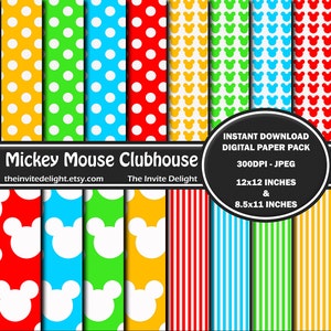 May include: A digital paper pack with 10 different patterns featuring Mickey Mouse ears, polka dots, and stripes in red, yellow, green, blue, and white. The pack includes 12x12 inch and 8.5x11 inch designs. Instant download, 300 DPI, JPEG.