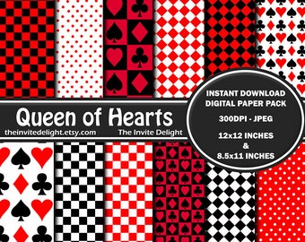 Queen of Hearts Digital Paper Pack, Red and Black Party Decor, Alice in Wonderland Birthday Party, Scrapbooking Paper, Instant Download