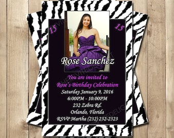 Zebra Print Birthday Invitation - Sweet Sixteen Purple and Black - Quinceanera Invite - Personalized Printable Photo Invite