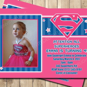 Supergirl Geburtstagseinladung - Superhelden-Party Supergirl Pink einladen - Mädchen-Superheld-Geburtstagsfeier - personalisierte druckbare einladen