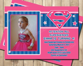 Supergirl Birthday Invitation - Superhero Party Supergirl Pink Invite - Girls Superhero Birthday Party - Personalized Printable Invite
