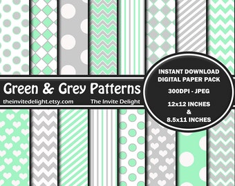 Green and Grey Patterns Digital Paper Pack, Pastel Polka Dots, Mint Green Striped, Easter Party, Scrapbooking Paper, Instant Download