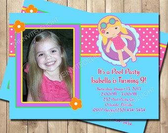Pool Party Birthday Invitation - Girls Swimming Party Invite - Summer Birthday Invite - Version 3 - Personalized Printable Photo Invite