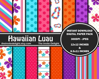 Hawaiian Luau Digital Paper Pack, Decoración de fiesta de verano imprimible, Fiesta en la playa de Hawái, Fiesta en la piscina, Papel de Scrapbooking, Descarga instantánea