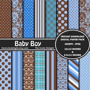 Baby Boy Digital Paper Pack, Brown and Blue, Baby Shower Party Decor Printable, Scrapbooking Paper, Instant Download