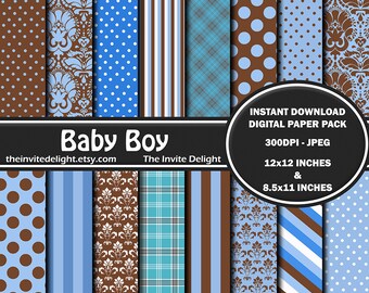 Baby Boy Digital Paper Pack, Brown and Blue, Baby Shower Party Decor Printable, Scrapbooking Paper, Instant Download