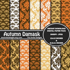 Autumn Damask Digital Paper Pack, Fall Damask, Thanksgiving Decor Party Printable, Brown and Orange, Scrapbooking Paper, Instant Download