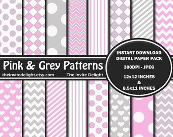 Pink and Grey Patterns Digital Paper Pack, Pastel Polka Dots, Light Pink Striped, Easter Party, Scrapbooking Paper, Instant Download