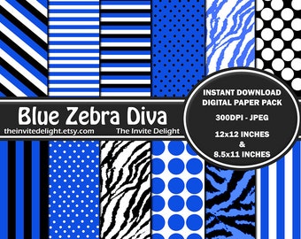Blue Zebra Diva Digital Paper Pack, Blue Polka Dots, Zebra Print, Scrapbooking Paper, Instant Download