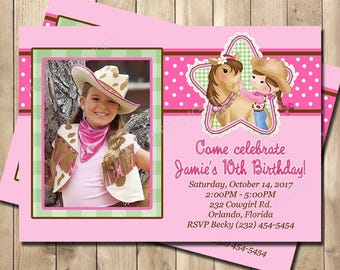 Cowgirl Birthday Invitation -Pink Cowgirl Party Invite - Photo Invitation - Rustic Western Party - Personalized Printed Printable Invite