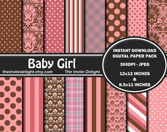 Baby Girl Digital Paper Pack, Brown and Pink, Baby Shower Party Decor Printable, Scrapbooking Paper, Instant Download