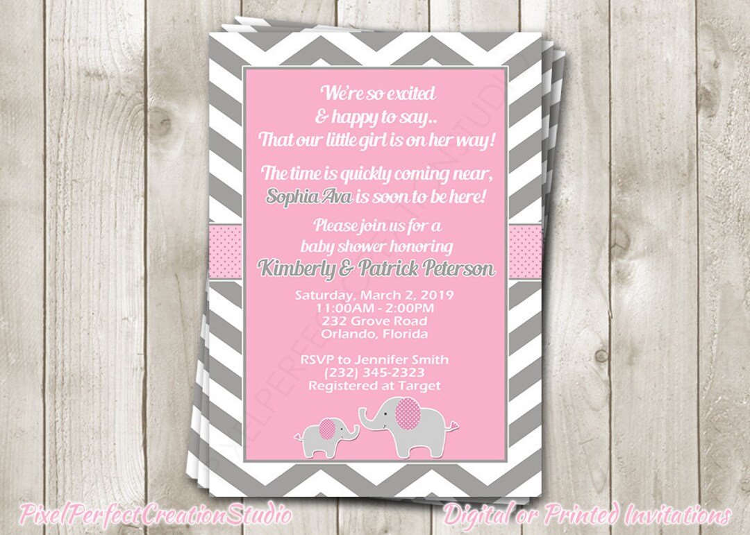 Chevron Elephant Baby Shower Invitation - Pink Gray White Baby Boy ...