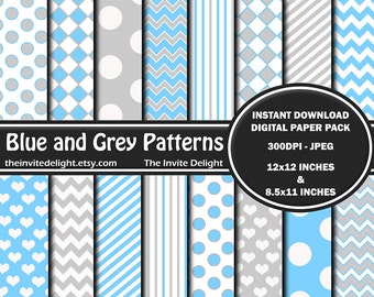 Blue and Grey Patterns Digital Paper Pack, Pastel Polka Dots, Pastel Blue Striped, Easter Party, Scrapbooking Paper, Instant Download