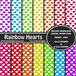 Hearts Digital Paper Pack, Rainbow Hearts, Valentines Day Printable, Scrapbooking Paper, Instant Download