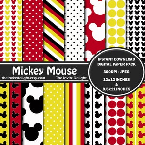 Mickey Mouse Digital Paper Pack, Mickey Polka Dots, Mickey Mouse Heads, Printable Party Decor, Scrapbooking Paper, Instant Download