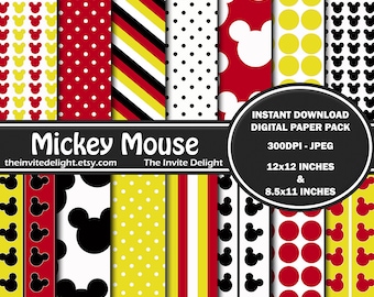 Mickey Mouse Digital Paper Pack, Mickey Polka Dots, Mickey Mouse Heads, Printable Party Decor, Scrapbooking Paper, Instant Download