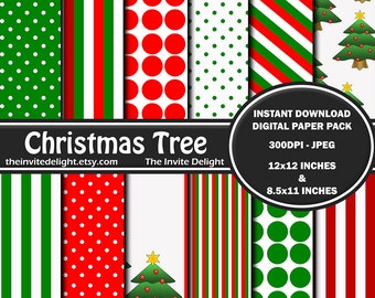 Christmas Tree Digital Paper Pack, Christmas Party Printable, Red and Green Polka Dots, Scrapbooking Paper, Instant Download