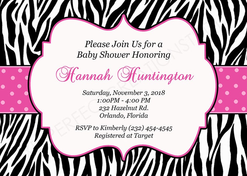 Pink Zebra Print Baby Shower Invitation Hot Pink Black White Etsy