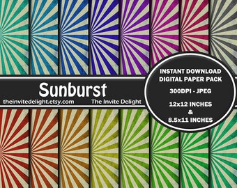 Sunburst Digital Paper Pack, Rainbow Sunburst Printable Paper, Birthday Party Printable, Scrapbooking Paper, Instant Download