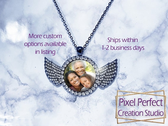 Custom Photo Pendant Personalized Black Angel Wings Memory