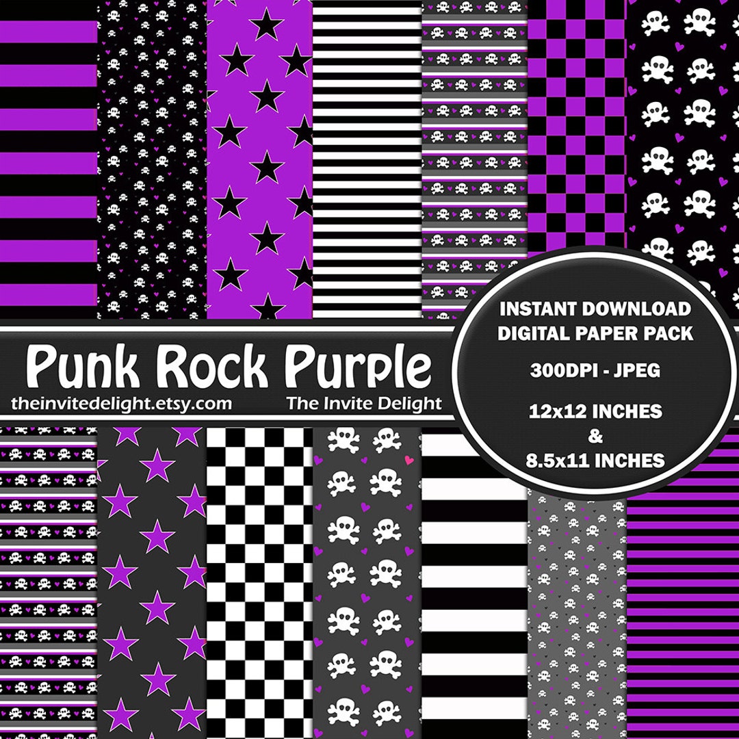 Punk Rock Purple Digital Paper Pack, Purple and Black Stripes, Skater ...