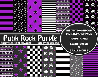 Punk Rock Purple Digital Paper Pack, Purple and Black Stripes, Skater Party Decor, Stars and Skulls, Scrapbooking Paper, Instant Download