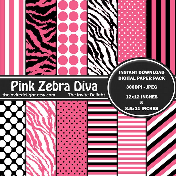 Pink Zebra Diva Digital Paper Pack, Hot Pink Polka Dots, Zebra Print, Scrapbooking Paper, Instant Download