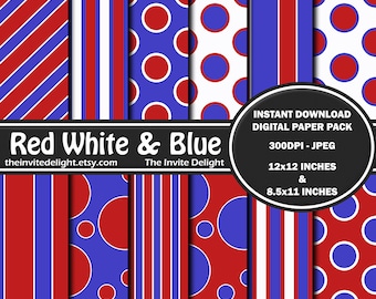 Red White and Blue Digital Paper Pack, 4th of July, Memorial Day, BBQ Party Decor Printable, Scrapbooking Paper, Instant Download