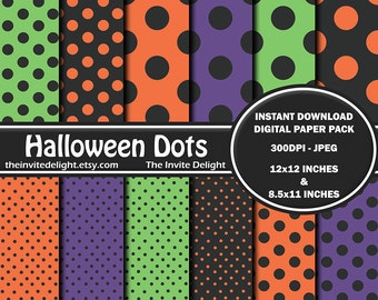 Halloween Dots Digital Paper Pack, Halloween Party Printable, Orange and Black Polka Dots, Scrapbooking Paper, Instant Download