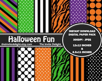 Halloween Fun Digital Paper Pack, Halloween Party Decor Printable, Zebra Print, Halloween Stripes, Scrapbooking Paper, Instant Download