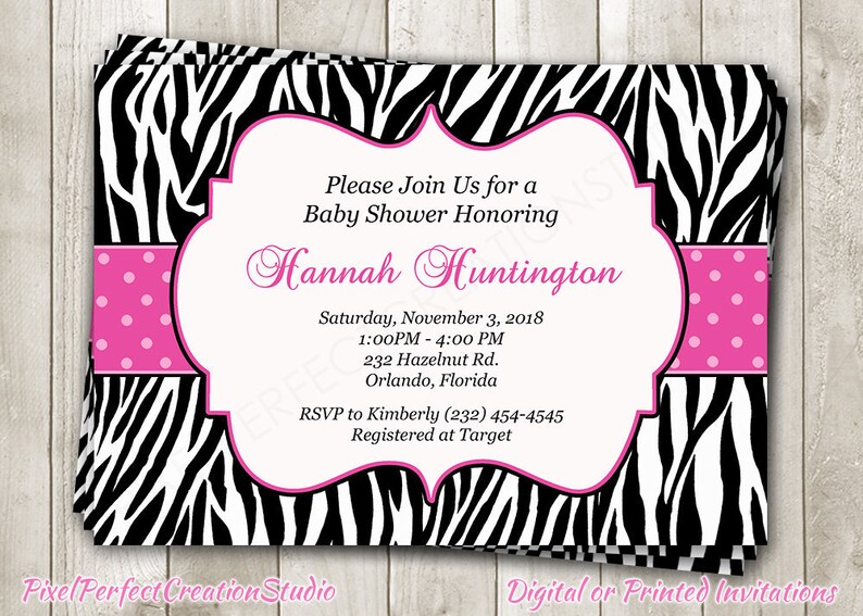 Pink Zebra Print Baby Shower Invitation Hot Pink Black White Etsy