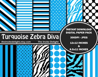 Turquoise Zebra Diva Digital Paper Pack, Blue Polka Dots, Zebra Print, Scrapbooking Paper, Instant Download