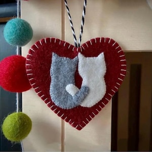 Cat Ornament, You Choose Colors, Custom, Wool Felt, Valentines Day, Christmas, Two cats ornament.