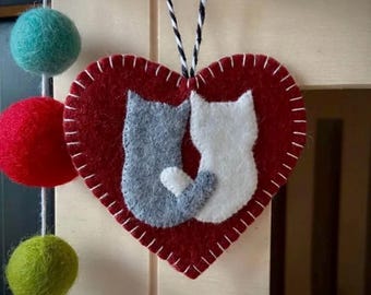 Cat Ornament, You Choose Colors, Custom, Wool Felt, Valentines Day, Christmas, Two cats ornament.