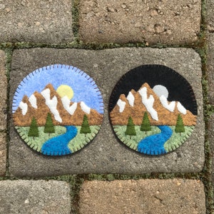 DIY Kit, Mountain Scene Coasters, Ornaments, Magnets, Wool Applique Kit, Wool Coasters Kit, Set of 2 Coasters. Ornaments DIY Kit.