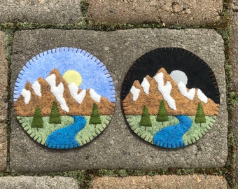 DIY Kit, Mountain Scene Coasters, Ornaments, Wool Applique Kit, Wool Coasters Kit, Set of 2 Coasters. Ornaments DIY Kit.