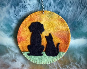 Dog and Cat Ornament/Magnet, Sunset, Sunrise, Wool, Felt, Hanging Decoration, Silhouette, Applique, Handmade.