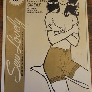 May include: A vintage sewing pattern for a long leg girdle. The pattern includes sizes S, M, L, and XL. The pattern is called "Sew Lovely" and is by Laverne Devereux. The pattern is 75 cents.