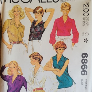 May include: A sewing pattern for a blouse with a variety of styles. The pattern is for size 12 and bust 34. The pattern is from McCall's and the pattern number is 6866.