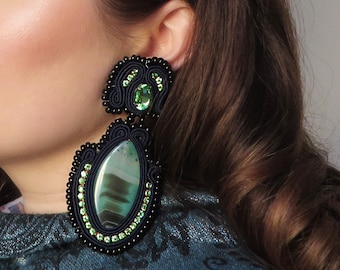 Green agate earrings / Blue soutache earrings / Large agate chandelier earrings / Long crystal earrings / Oversized statement earrings