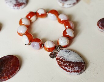 Agate Pendant Bracelet / Red Banded Agate Bracelet / Carnelian Stone Jewellery / Stretch Bracelet Agate Nugget / Semiprecious bead bracelets