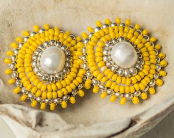 Yellow beaded earrings SOL /  Ethically made cultured freshwater pearl large clip ons / Circular mod style jewellery for girlfriend