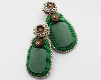 Jade earrings nephrite jewelry / Green earrings soutache / gypsy earrings boho anniverary gift / Wood earrings gemstone birthday gift