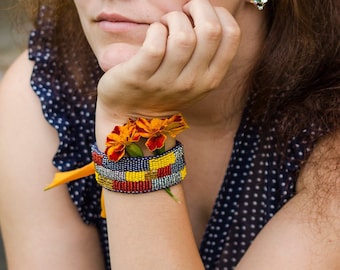 Bead embroidery cuff BANDA / Artisan seed bead bracelet / Red blue yellow jewelry / Handpainted silk ribbon bracelet / Embroidered bracelet