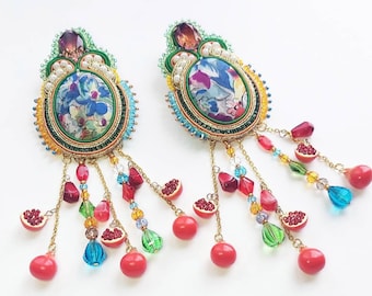 Bohemian statement earrings GARDEN OF EDEN/ Colorful tassel earrings with crystals / Pomegranate fruit jewelry