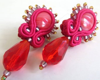 Pink drop earrings / Boho jewelry for her / Soutache earrings crystal / Romantic Anniversary gift / Pink Red Jewellery