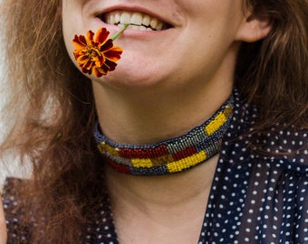 Yellow bead embroidered necklace BANDA /  Beaded geometric necklace statement / Festival rave choker / Unique necklace with ribbon tie